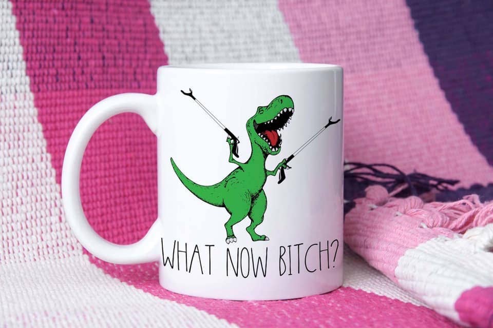 What Now Bitch Dino Funny Coffee Mug: 11 ounce