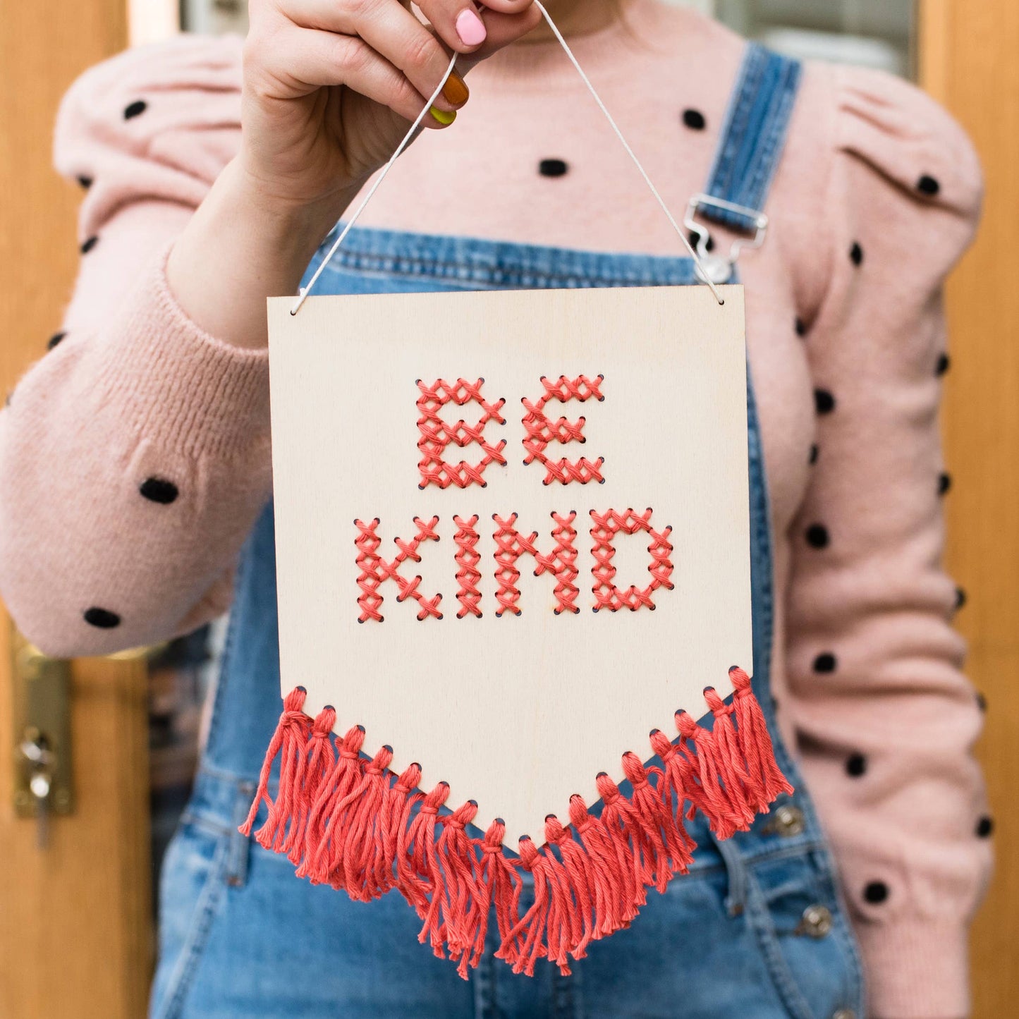 Be Kind Tasseled Embroidery Board Beginner Cross Stitch Kit: Mustard