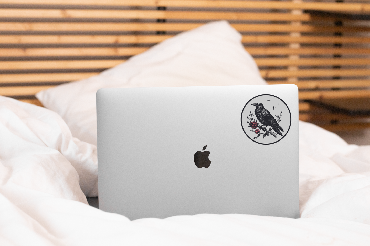 Crow Sticker - dark, night, black, gray, grey, red, flower