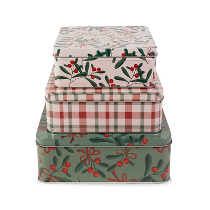 Square Cookie Tins (Set of 3), Holly Jolly