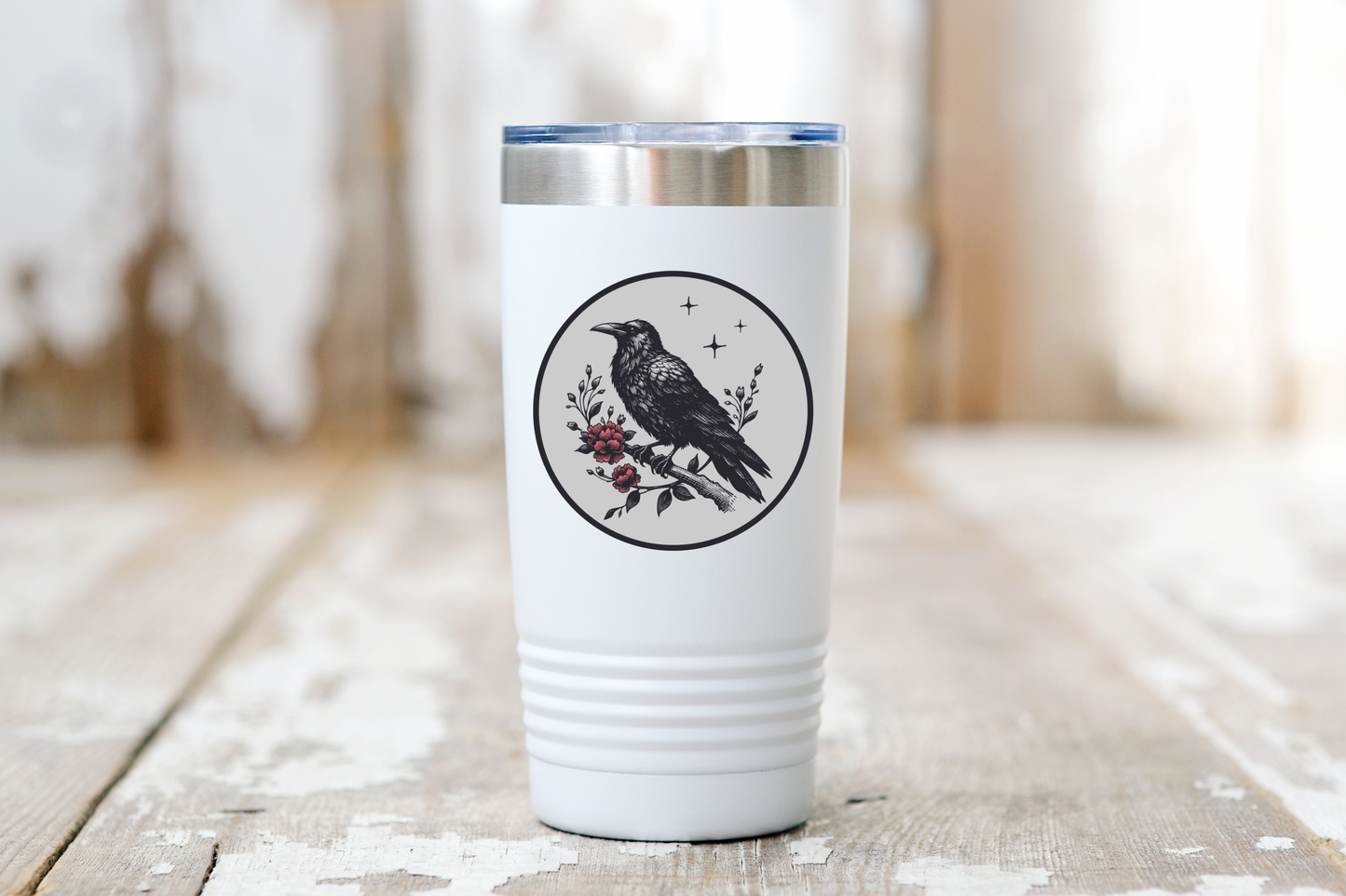 Crow Sticker - dark, night, black, gray, grey, red, flower