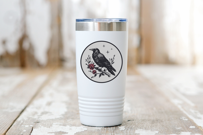 Crow Sticker - dark, night, black, gray, grey, red, flower