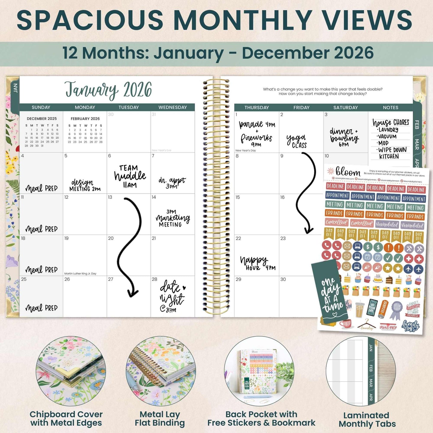 2026 Vision Planner - 7.5"x9" size: Beige Bouquet