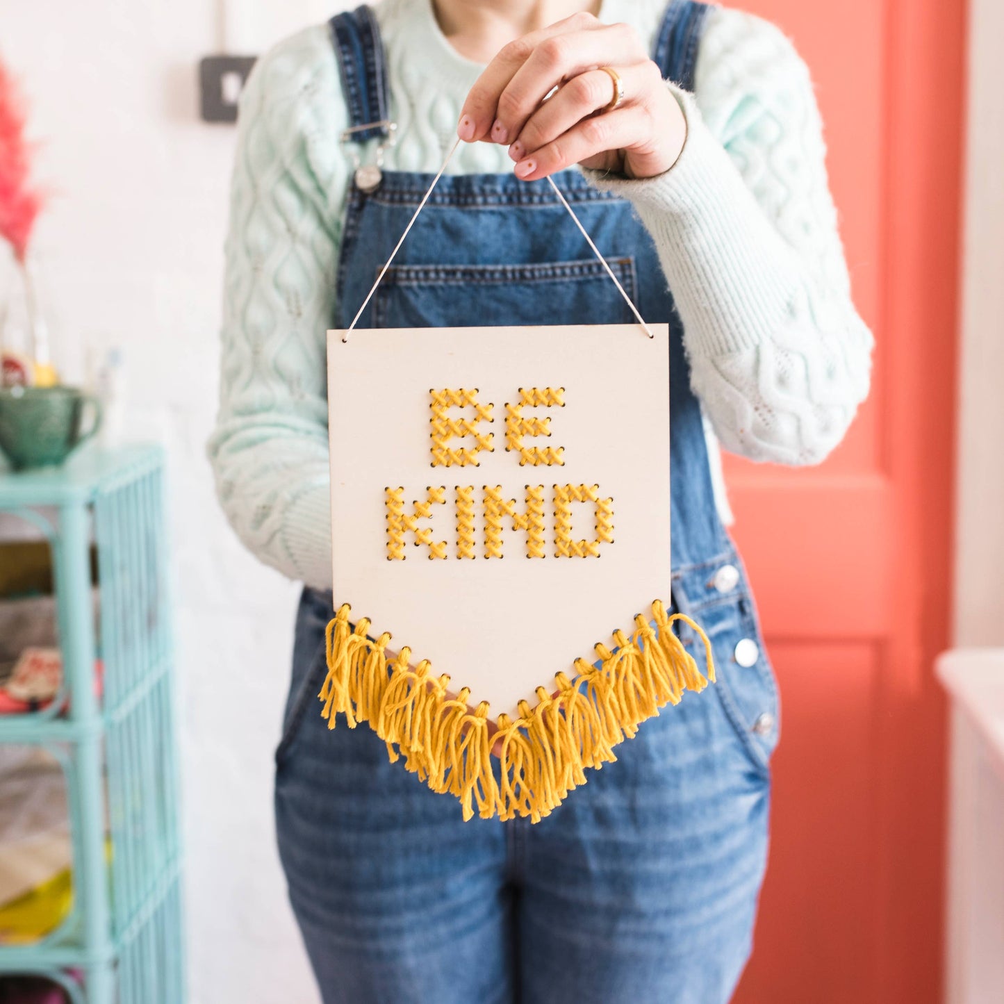 Be Kind Tasseled Embroidery Board Beginner Cross Stitch Kit: Mustard