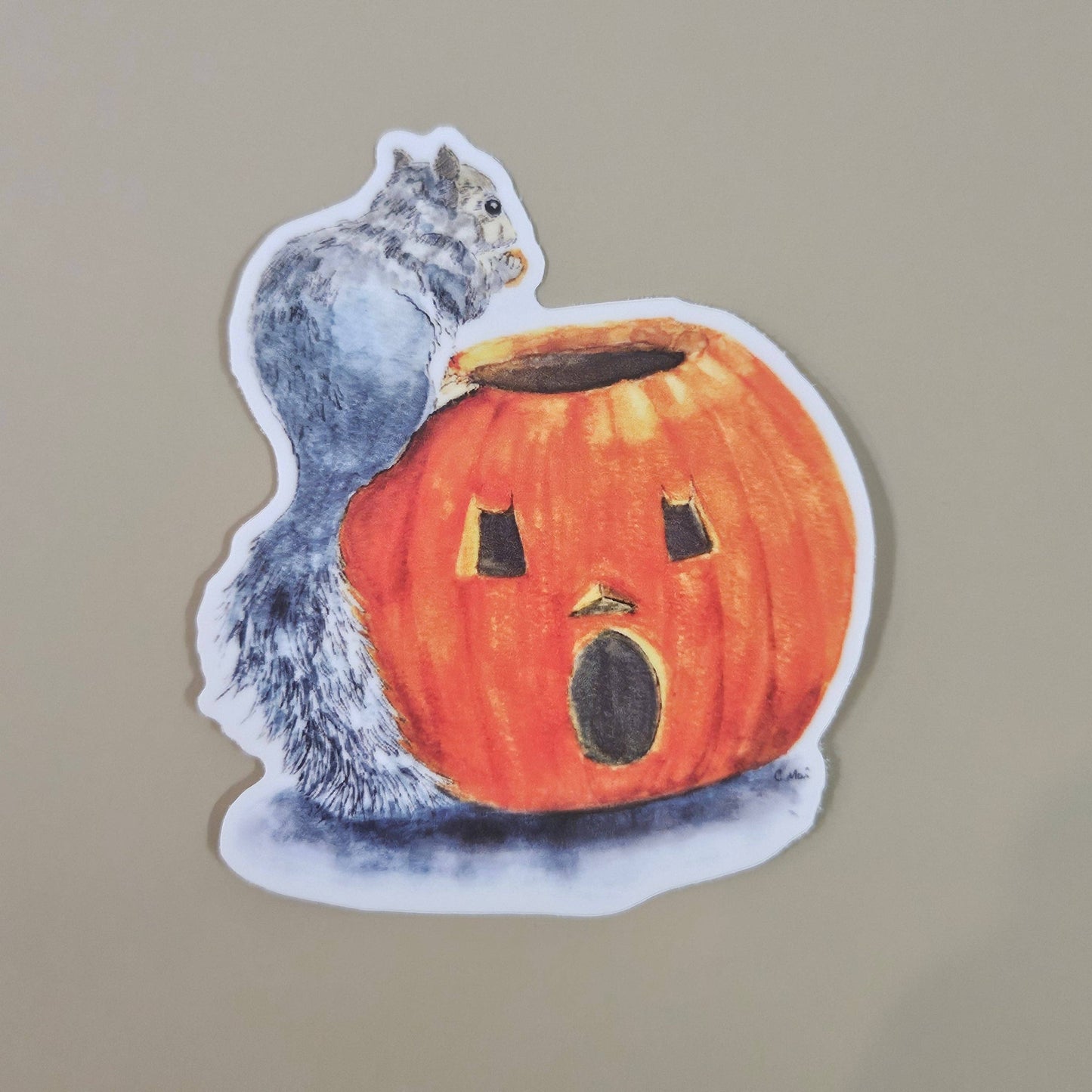 Pumpkin Surprise Squirrel Sticker - 3x3” waterproof vinyl decal
