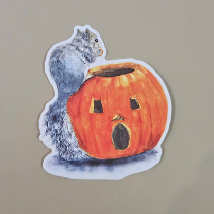 Pumpkin Surprise Squirrel Sticker - 3x3” waterproof vinyl decal
