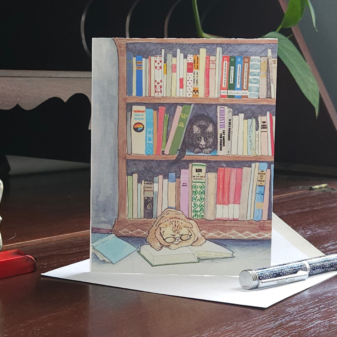 Reading Cats Greeting Card – Two Cats and a Bookshelf