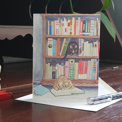 Reading Cats Greeting Card – Two Cats and a Bookshelf