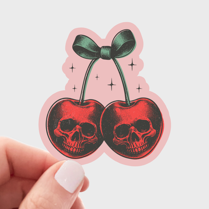 Skull Cherries Sticker - dead, butterflies, pink, red, goth