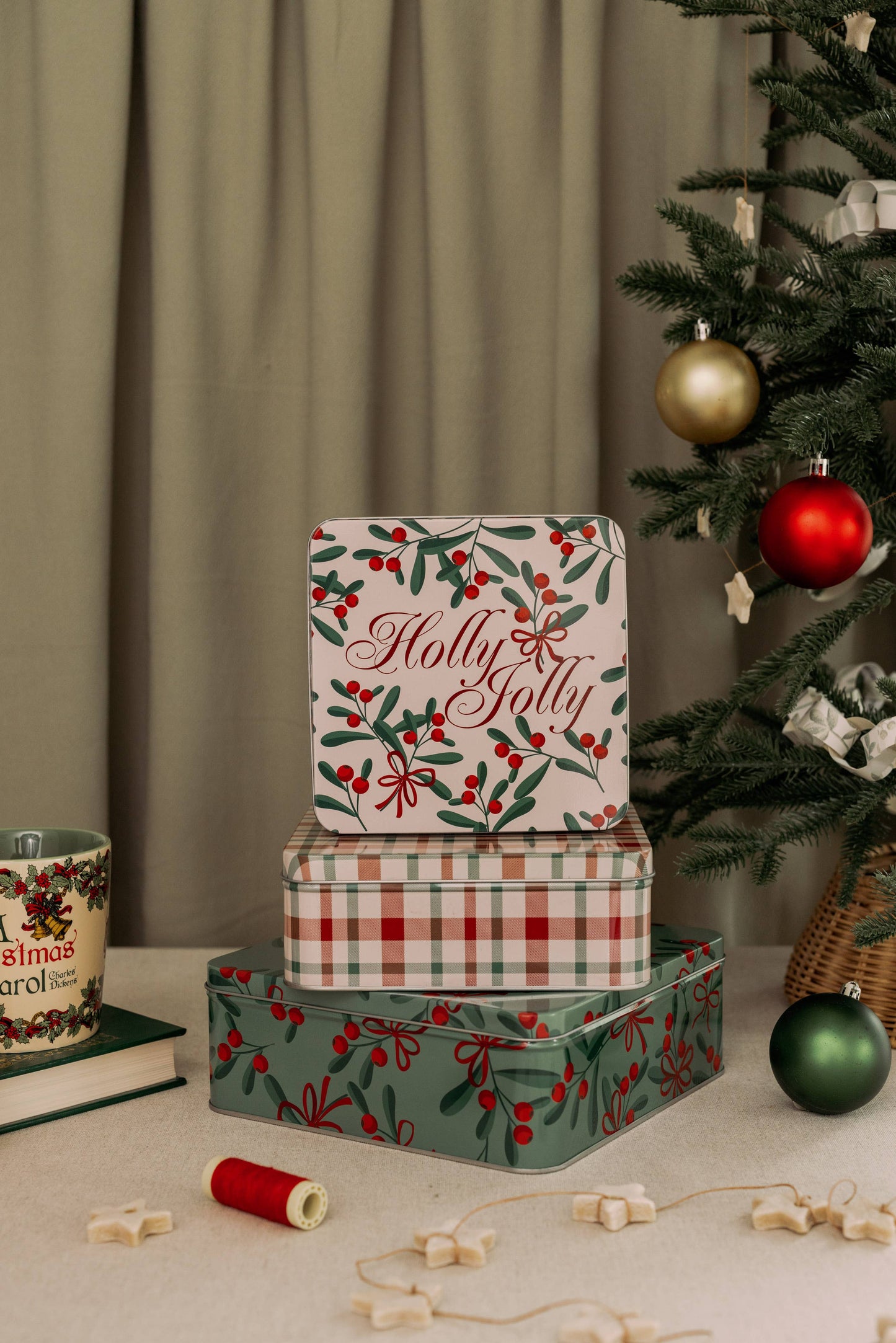 Square Cookie Tins (Set of 3), Holly Jolly