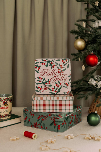 Square Cookie Tins (Set of 3), Holly Jolly