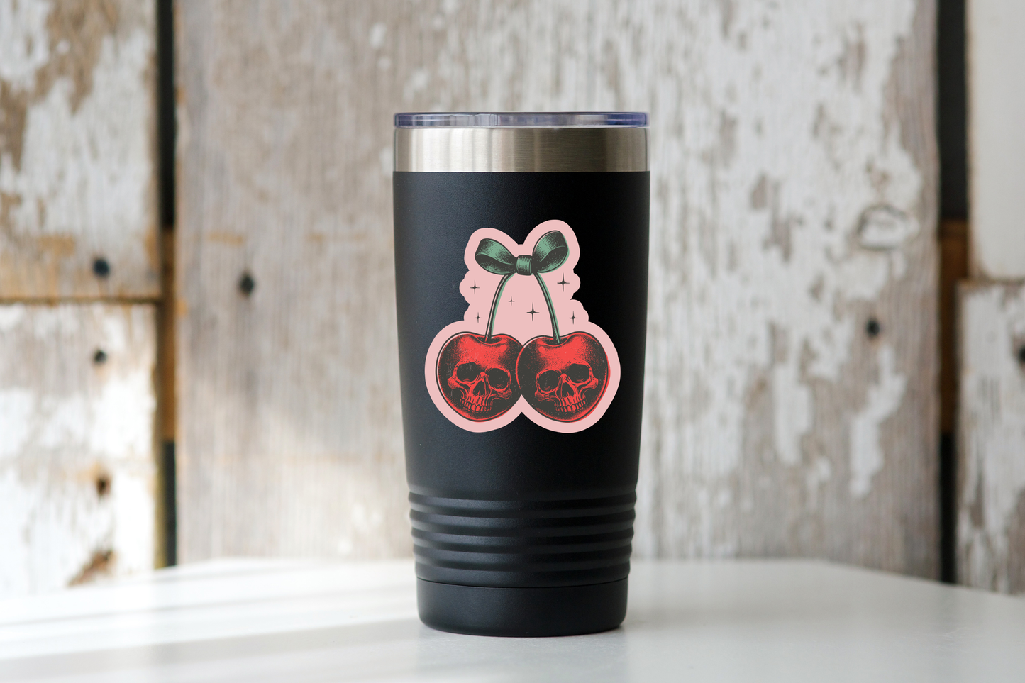 Skull Cherries Sticker - dead, butterflies, pink, red, goth