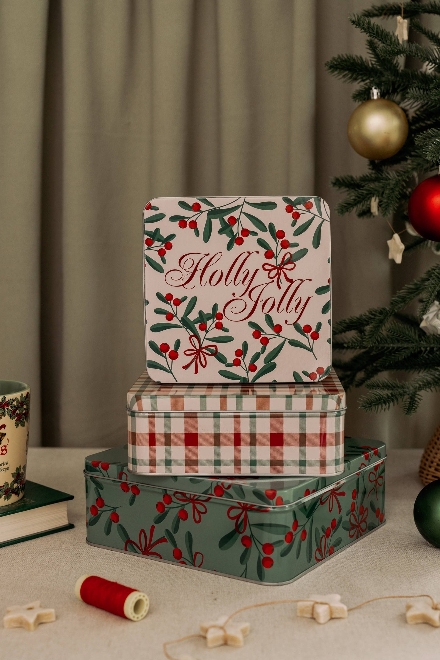 Square Cookie Tins (Set of 3), Holly Jolly