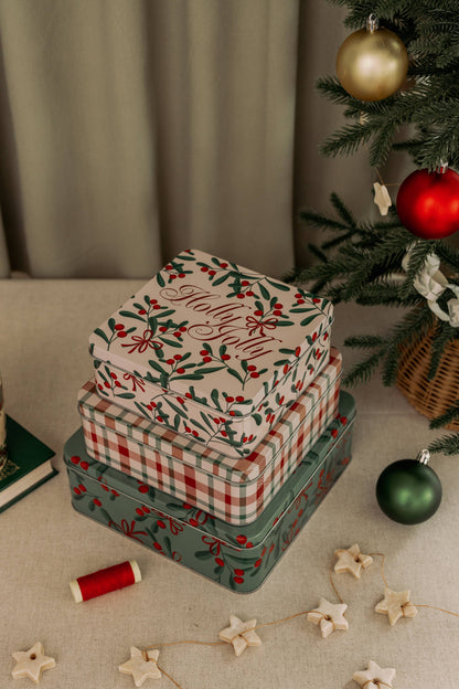 Square Cookie Tins (Set of 3), Holly Jolly