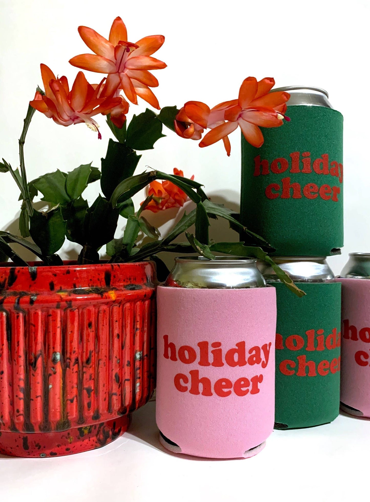 Holiday Cheer- Screen-Printed Can Cooler: Pink