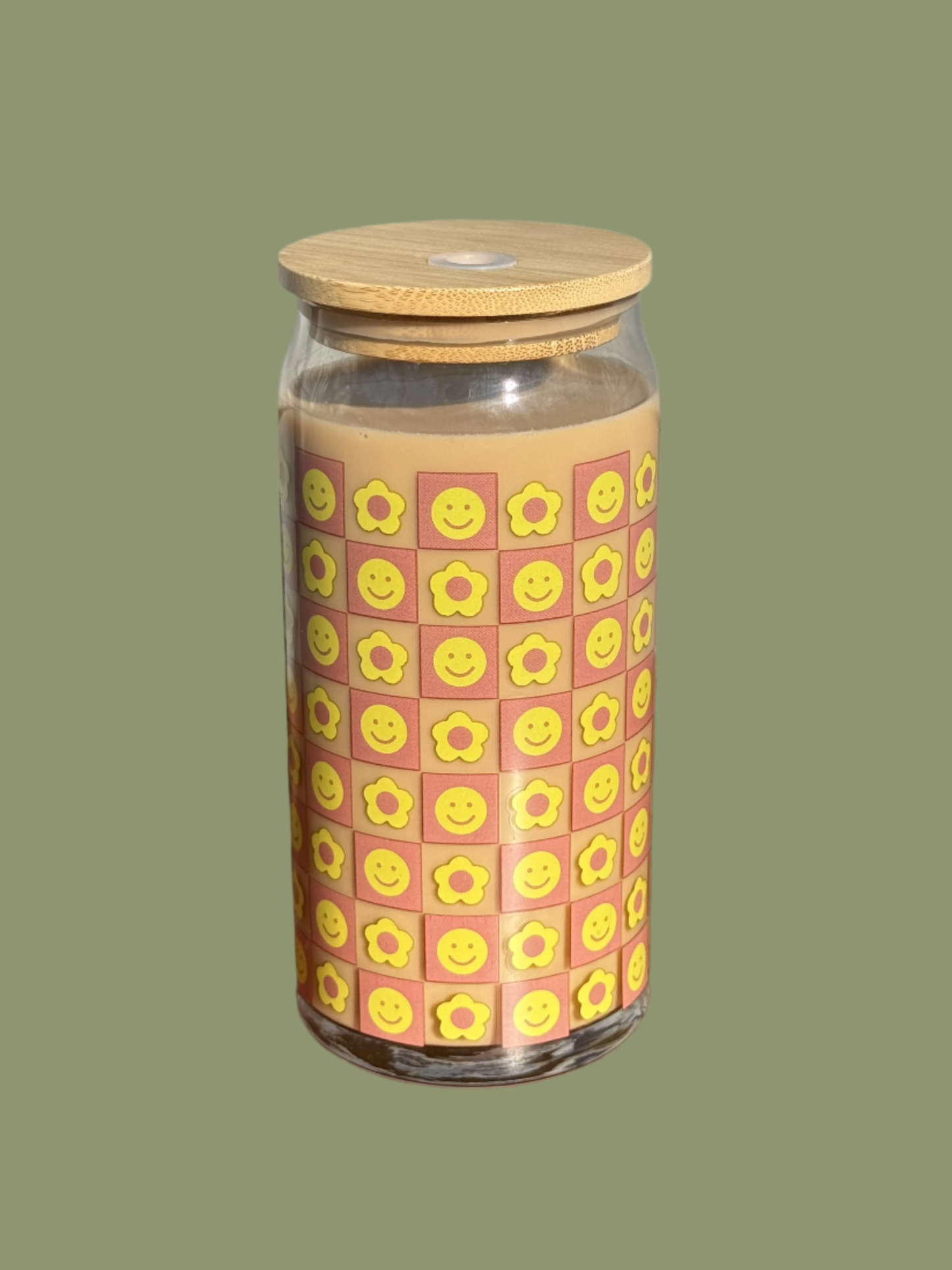 Smiley & Flower Checkered Drinking Glass