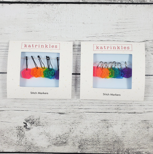 Rainbow Cast On Counting Number Stitch Marker Set: Pin Style - Card of 6 - $18