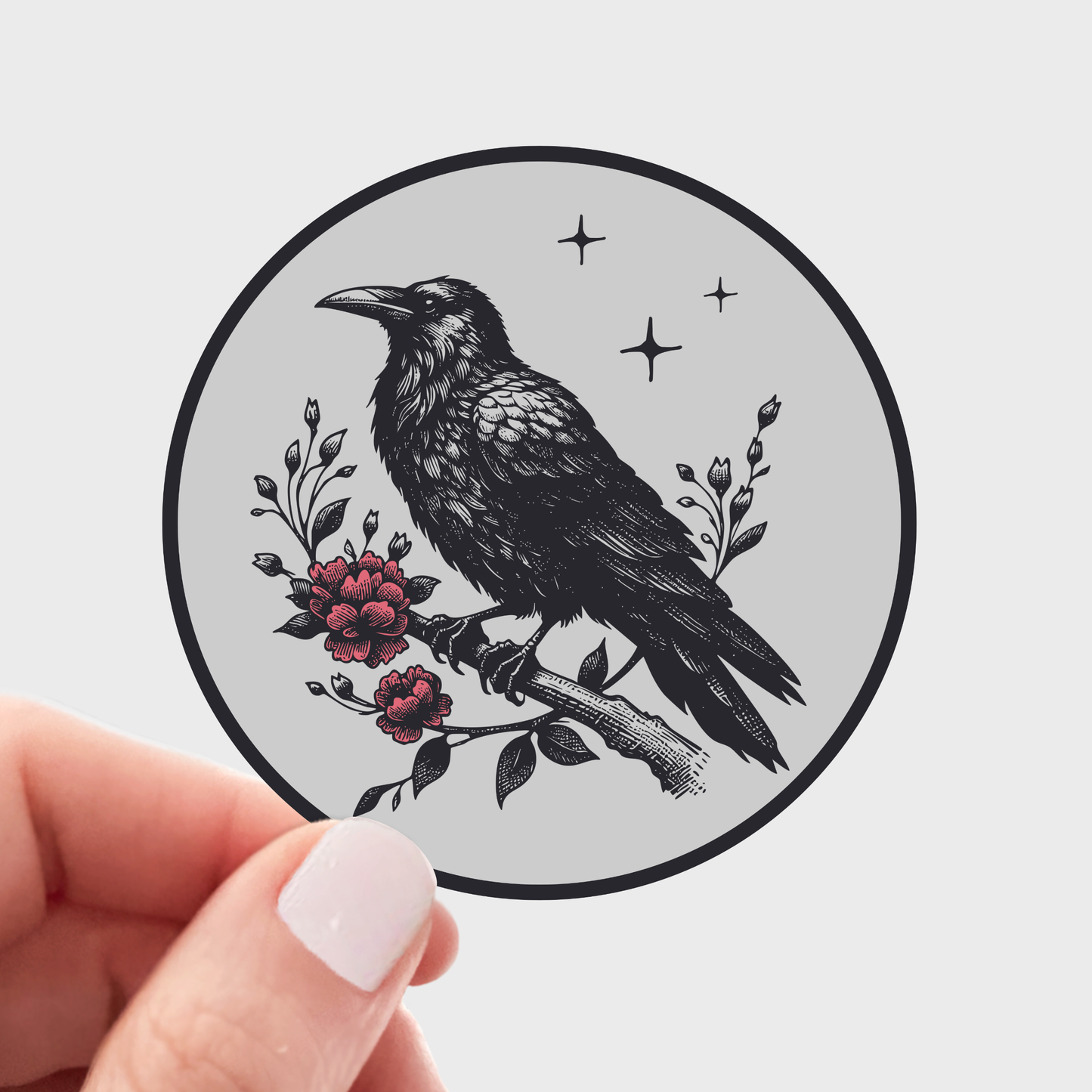 Crow Sticker - dark, night, black, gray, grey, red, flower