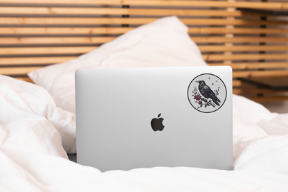 Crow Sticker - dark, night, black, gray, grey, red, flower
