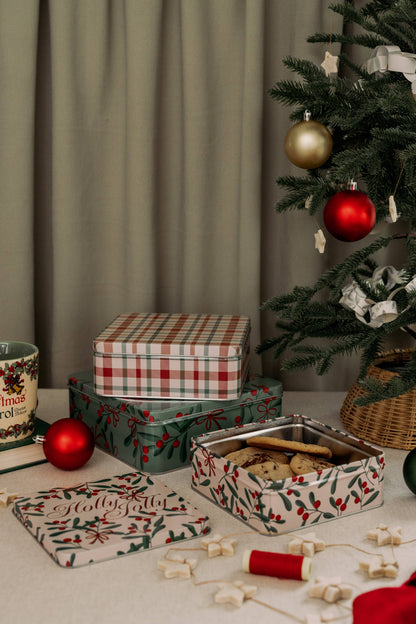 Square Cookie Tins (Set of 3), Holly Jolly