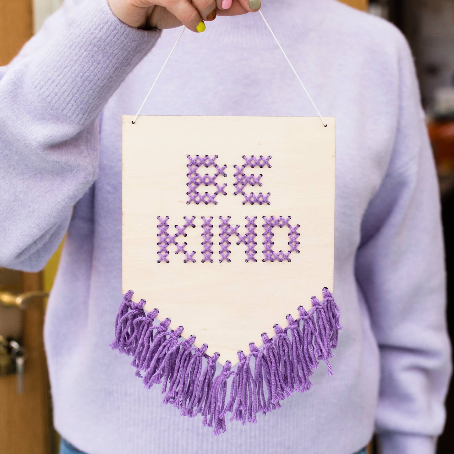 Be Kind Tasseled Embroidery Board Beginner Cross Stitch Kit: Mustard